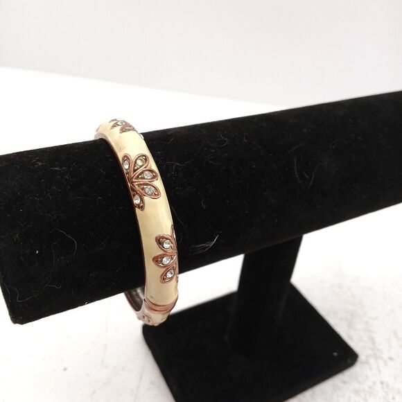 Vintage Enamel & Rhinestone Bangle Bracelet Hinged Art Deco Style Cream Copper - Picture 6 of 11